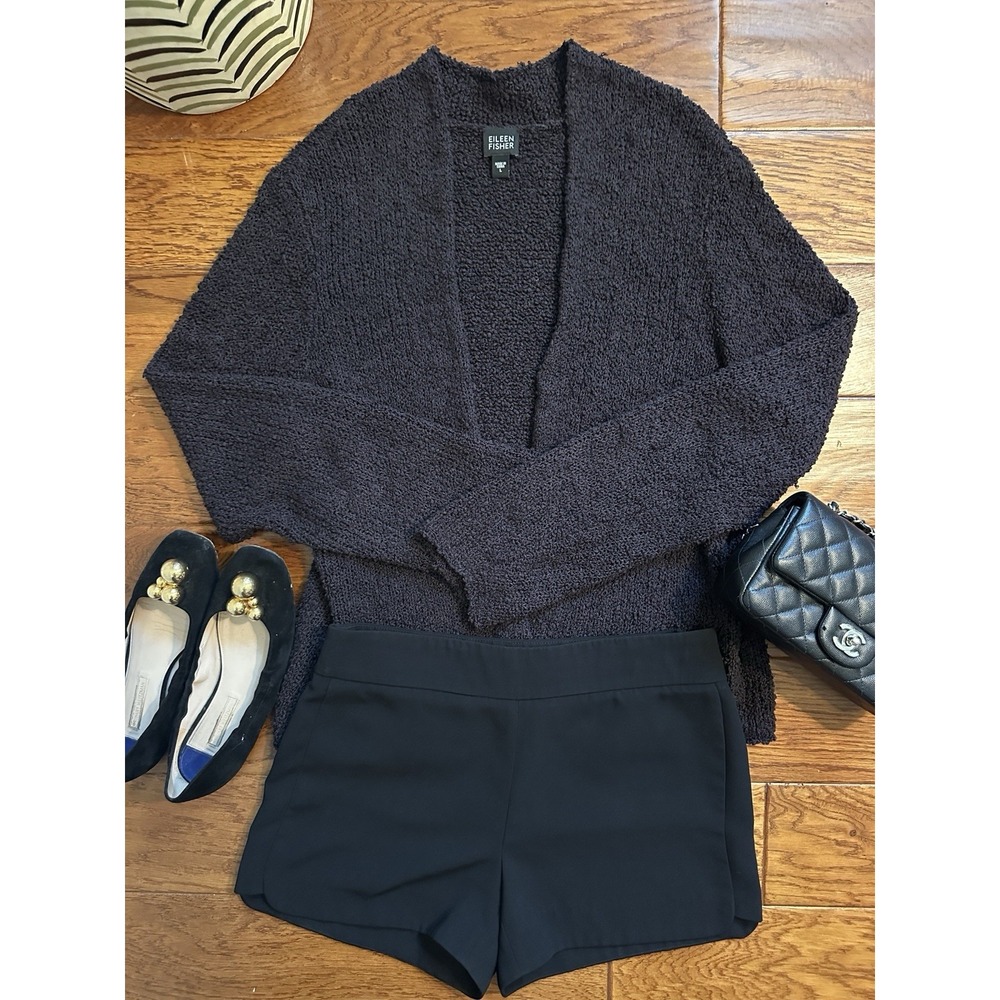 Eileen Fisher Womens Large L 100% Silk Boucle Knit Open Front Cardigan Plum